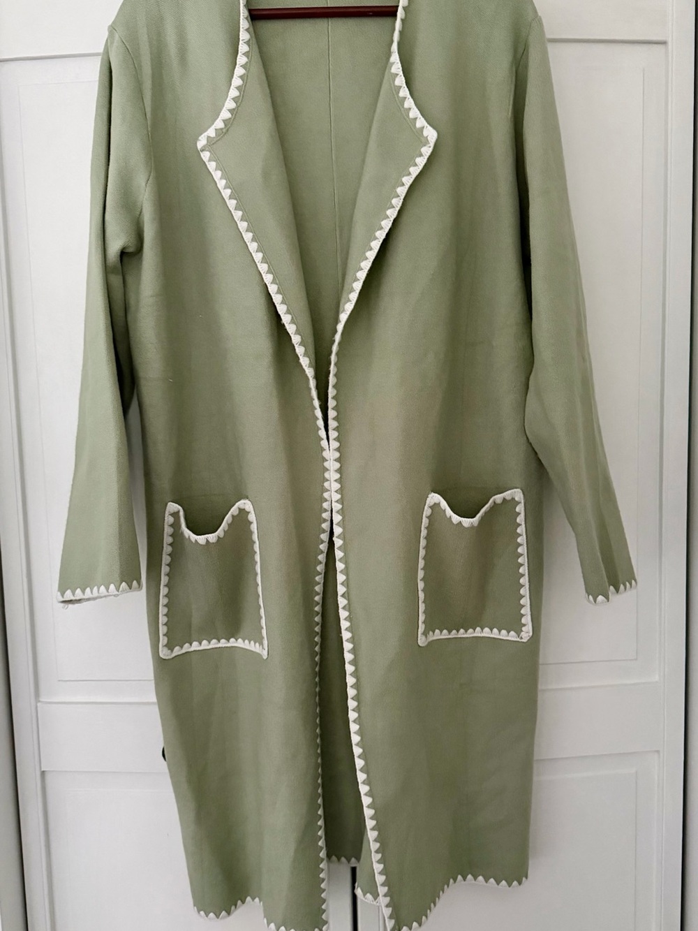 Zesica Olive Green Long Open Front Coat with Scalloped Trim